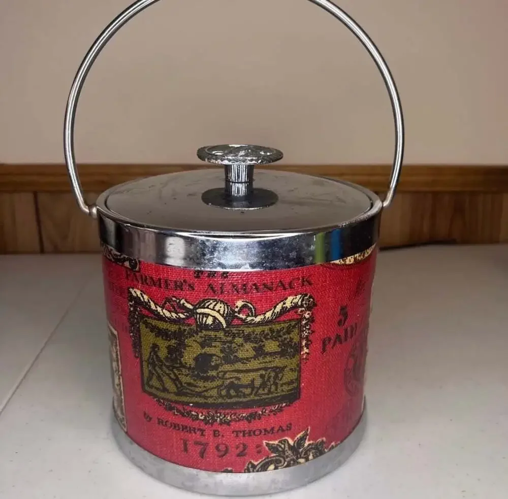 Vintage  Mid-Century Modern Ice Bucket with Colonial Print/Old Newspaper Design